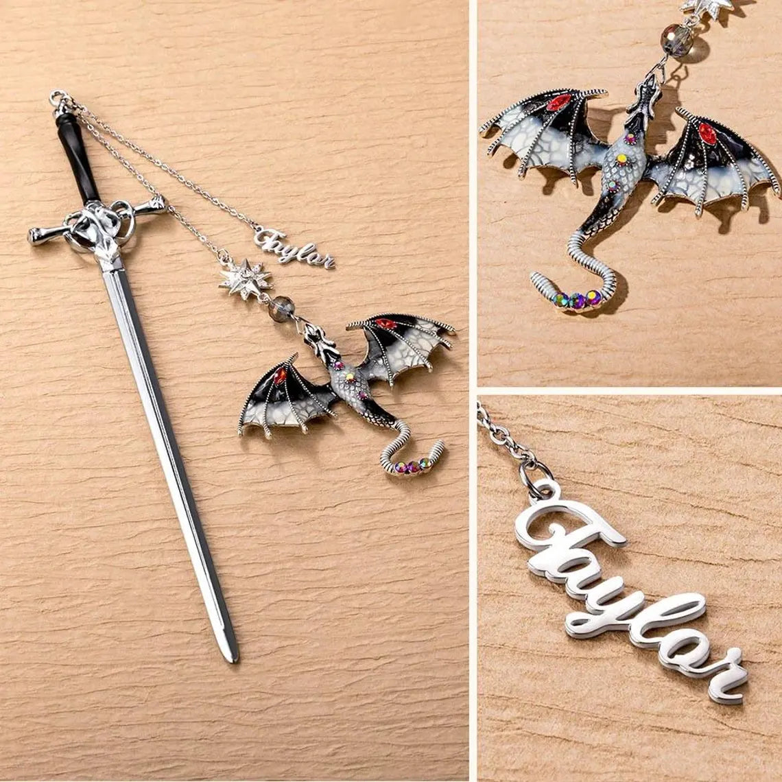 Custom Name Fantasy Dragon Bookmark | Metal Sword Design