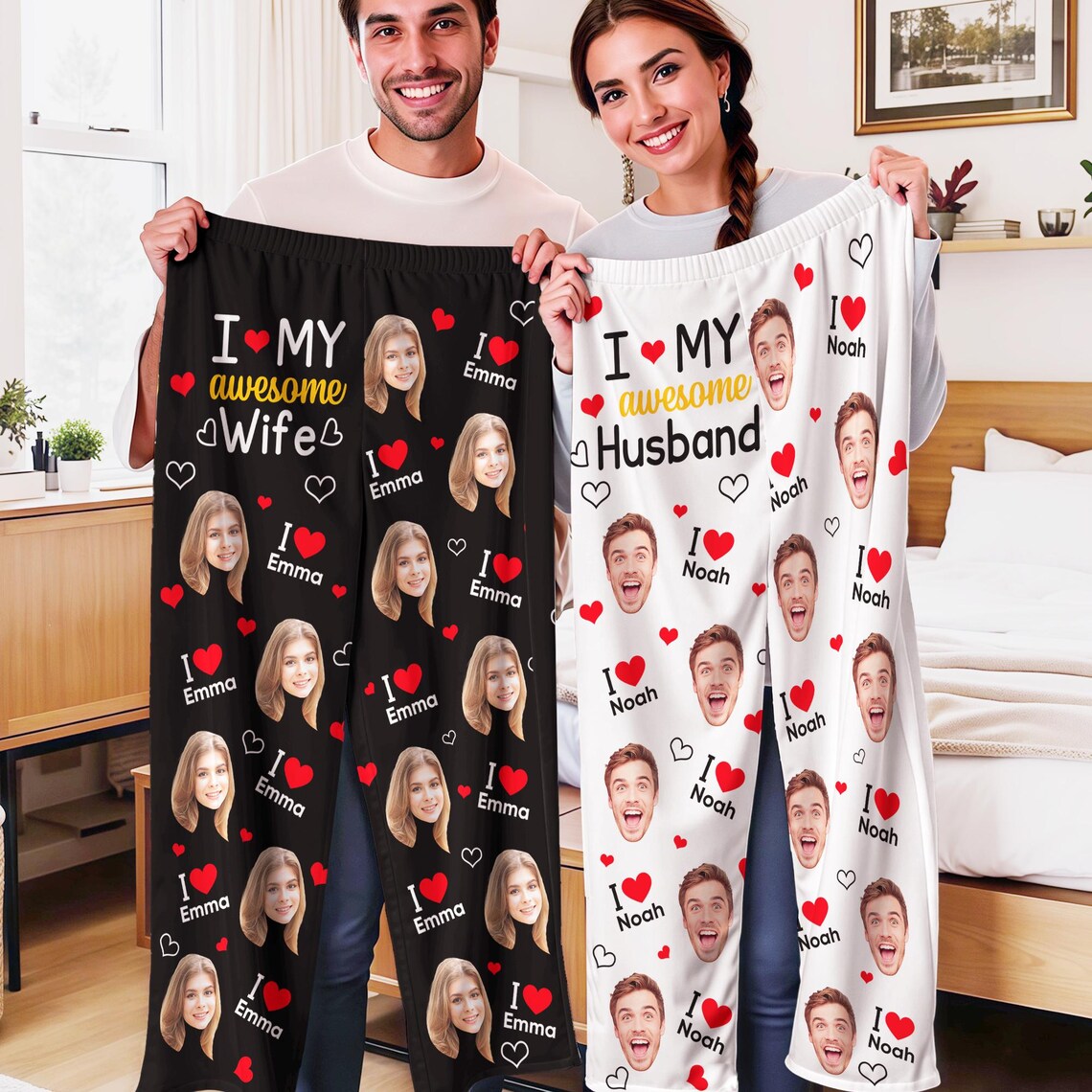Custom Face Pajama Pants – Matching Personalized Sleep Pants for Couples Unisex Sizes
