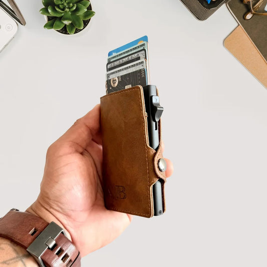 Gravierte Ledergeldbörse für Herren – Leder-Pop-Up-Geldbörse mit RFID-Schutz