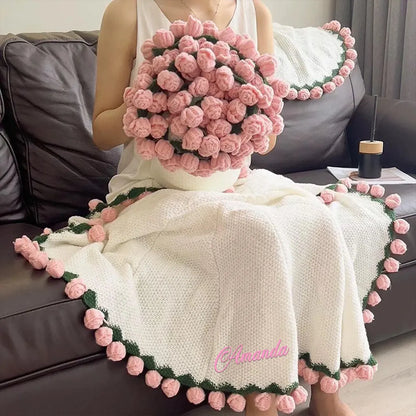 Personalized Crochet Rose Bouquet Blanket with Embroidered Name