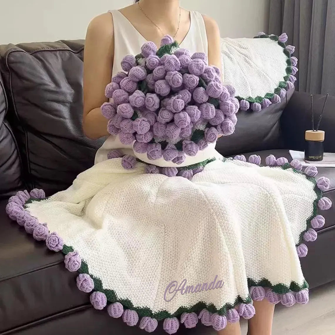 Personalized Crochet Rose Bouquet Blanket with Embroidered Name