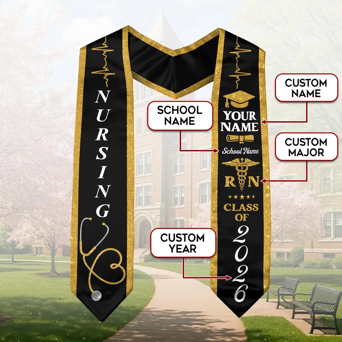 Personalized Nursing Graduation Stole – RN | BSN | MSN | Name & School