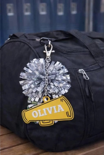 Personalized Cheerleader Keychain Bag Tag | Custom Name Pom Pom Charm