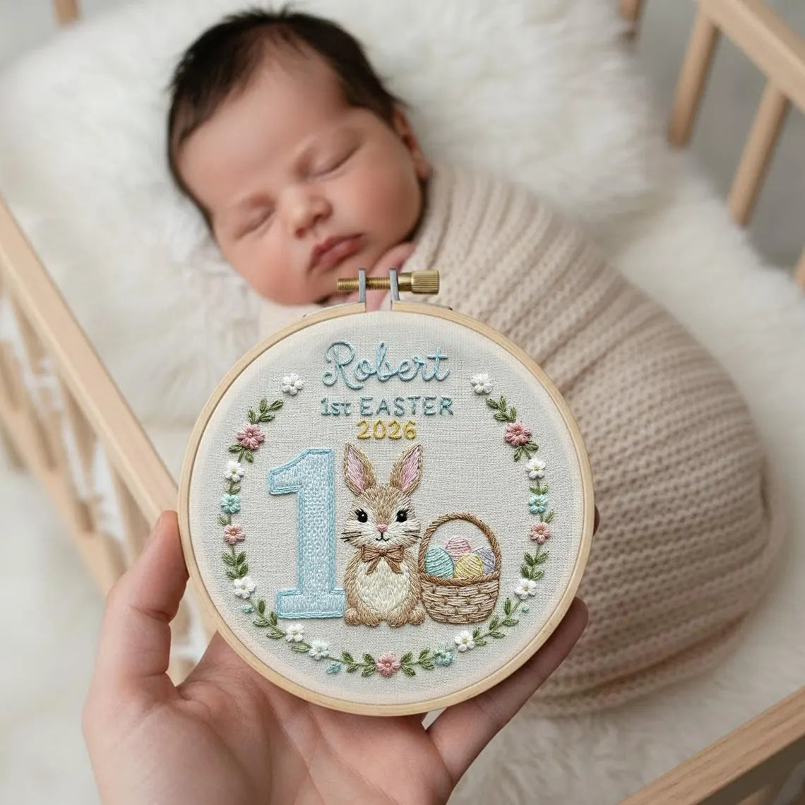 Personalisierte Wanddekoration zum ersten Osterfest für Babys – bestickter Stickrahmen