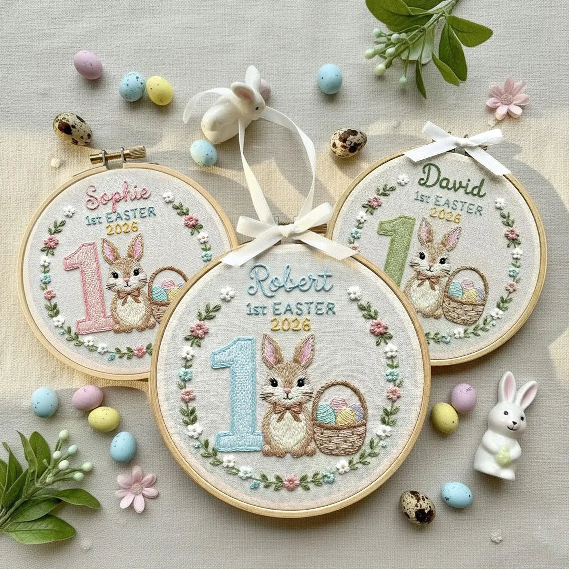 Personalisierte Wanddekoration zum ersten Osterfest für Babys – bestickter Stickrahmen