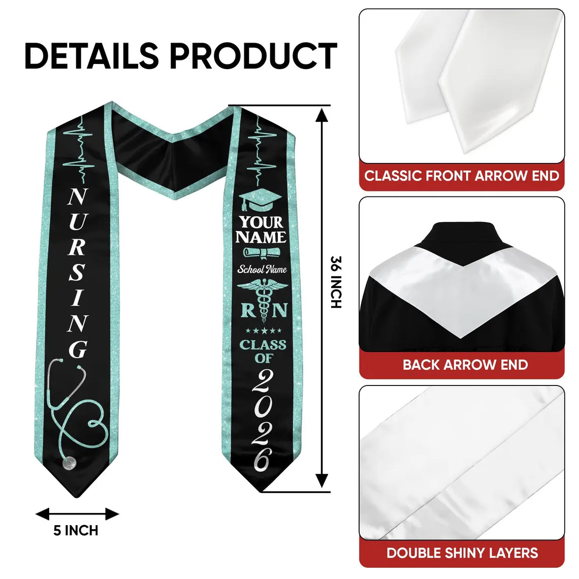 Personalized Nursing Graduation Stole – RN | BSN | MSN | Name & School