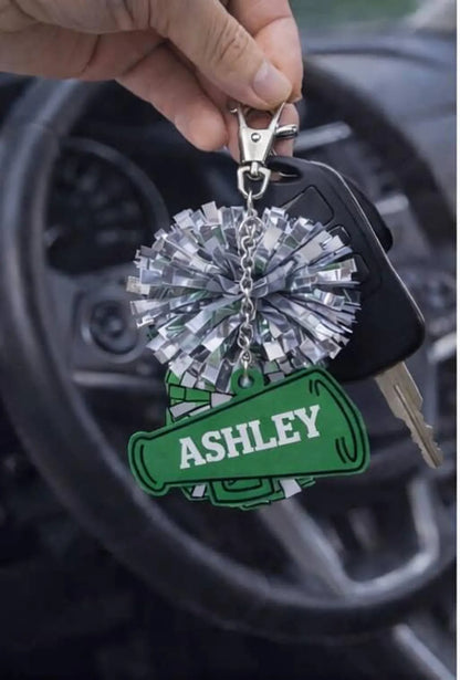 Personalized Cheerleader Keychain Bag Tag | Custom Name Pom Pom Charm