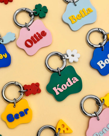 Custom Wavy Pet ID Tag with Name & Charm for Dogs & Cats