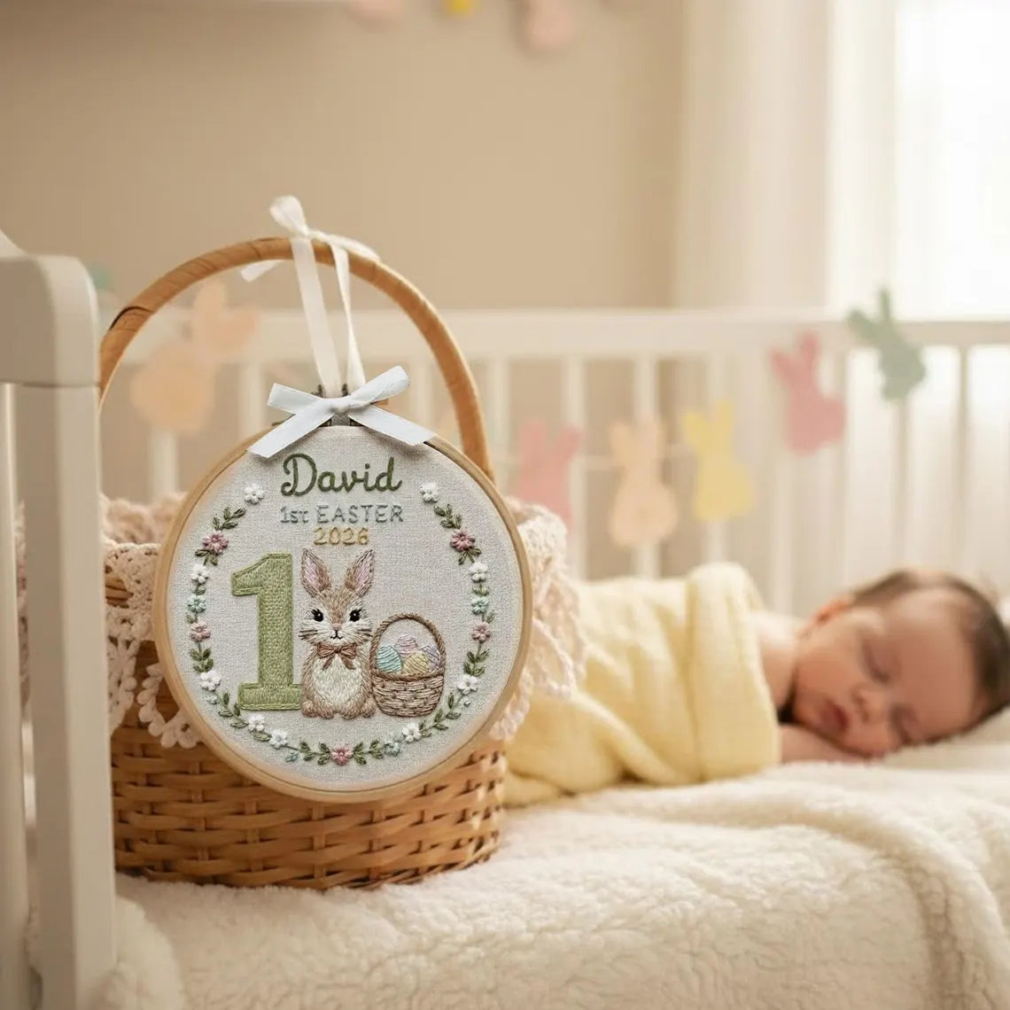Personalisierte Wanddekoration zum ersten Osterfest für Babys – bestickter Stickrahmen
