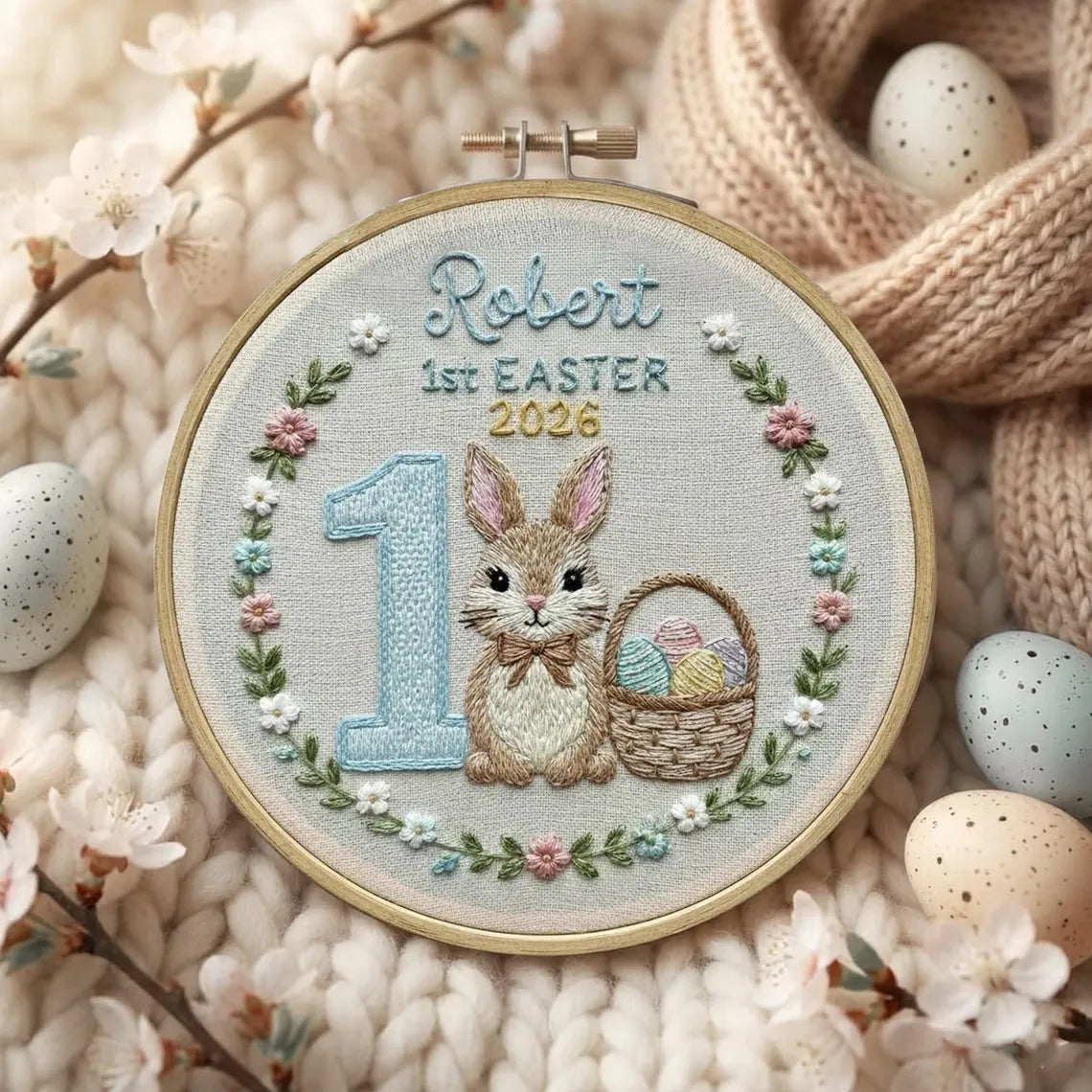 Personalisierte Wanddekoration zum ersten Osterfest für Babys – bestickter Stickrahmen