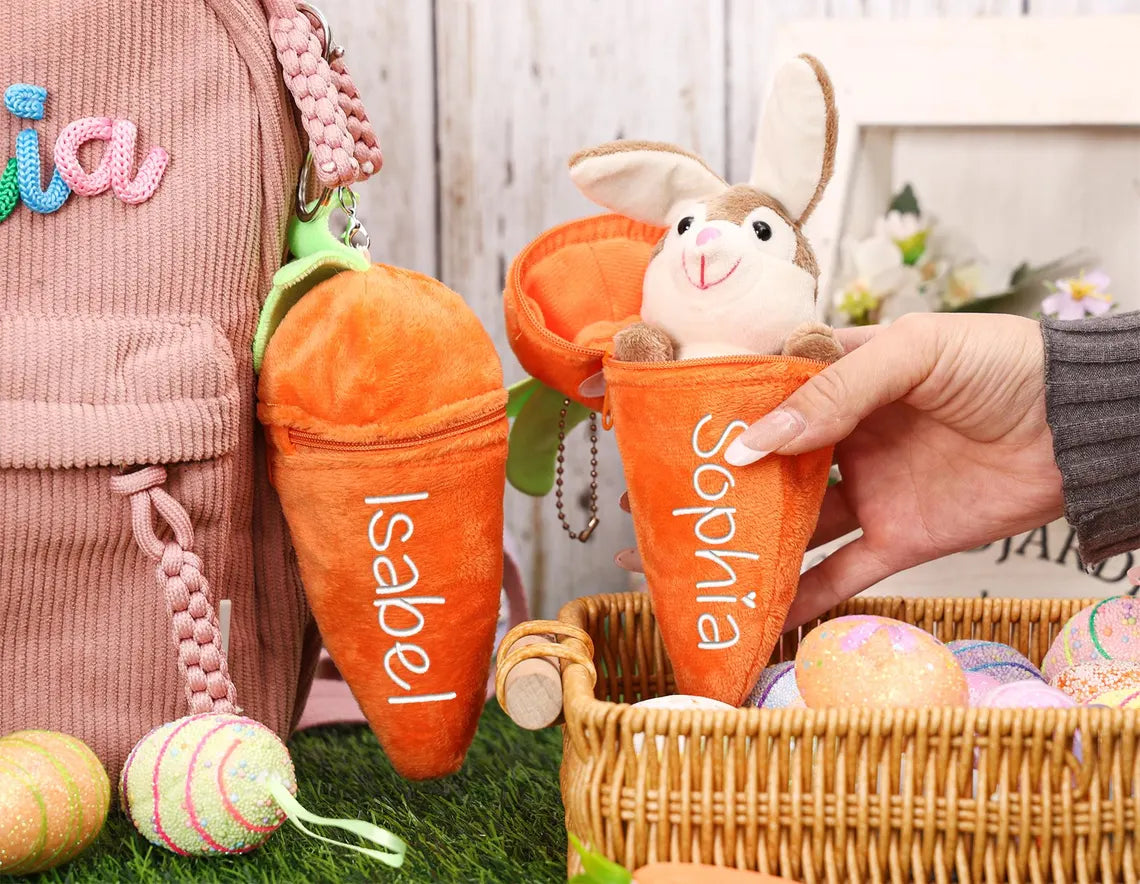Personalized Embroidered Bunny Rabbit Carrot Plush Toy - Easter Basket Stuffer for Kids