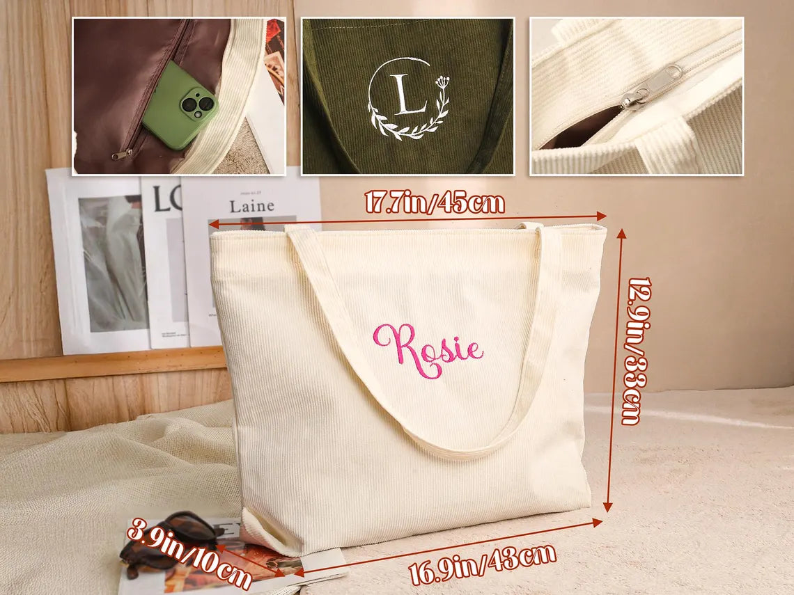 Custom Embroidered Corduroy Tote Bag – Name, Bridesmaid & Gift Bag