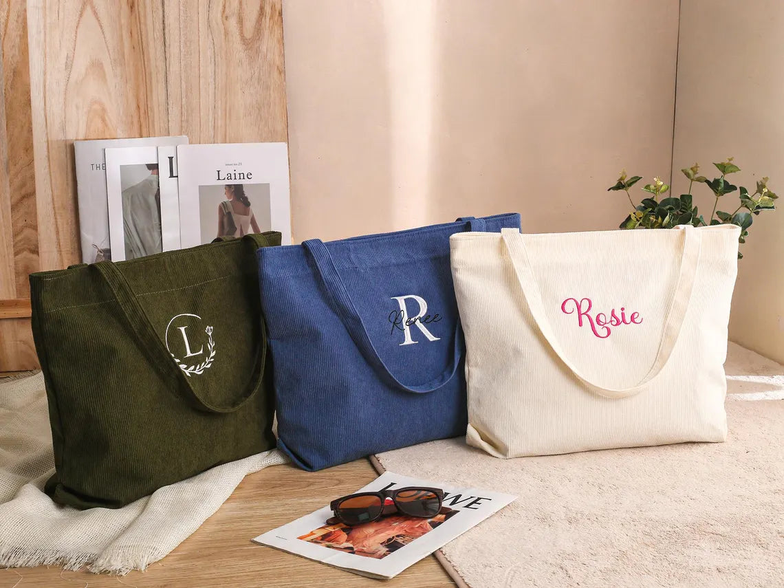 Custom Embroidered Corduroy Tote Bag – Name, Bridesmaid & Gift Bag