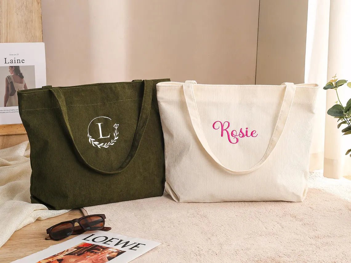 Custom Embroidered Corduroy Tote Bag – Name, Bridesmaid & Gift Bag