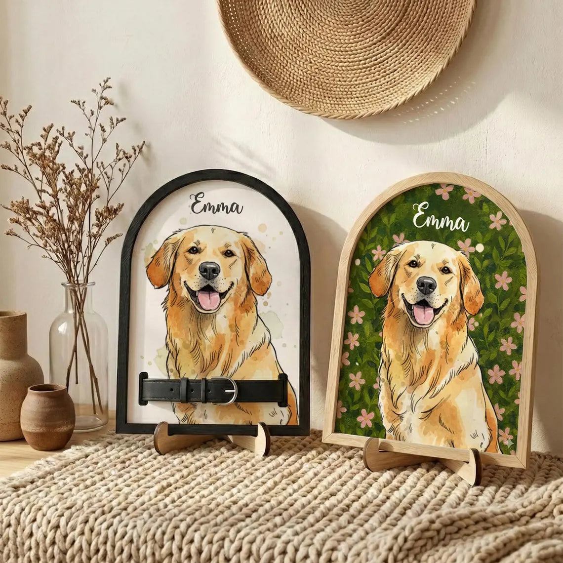 Custom Watercolor Pet Portrait Frame | Collar Display Gift