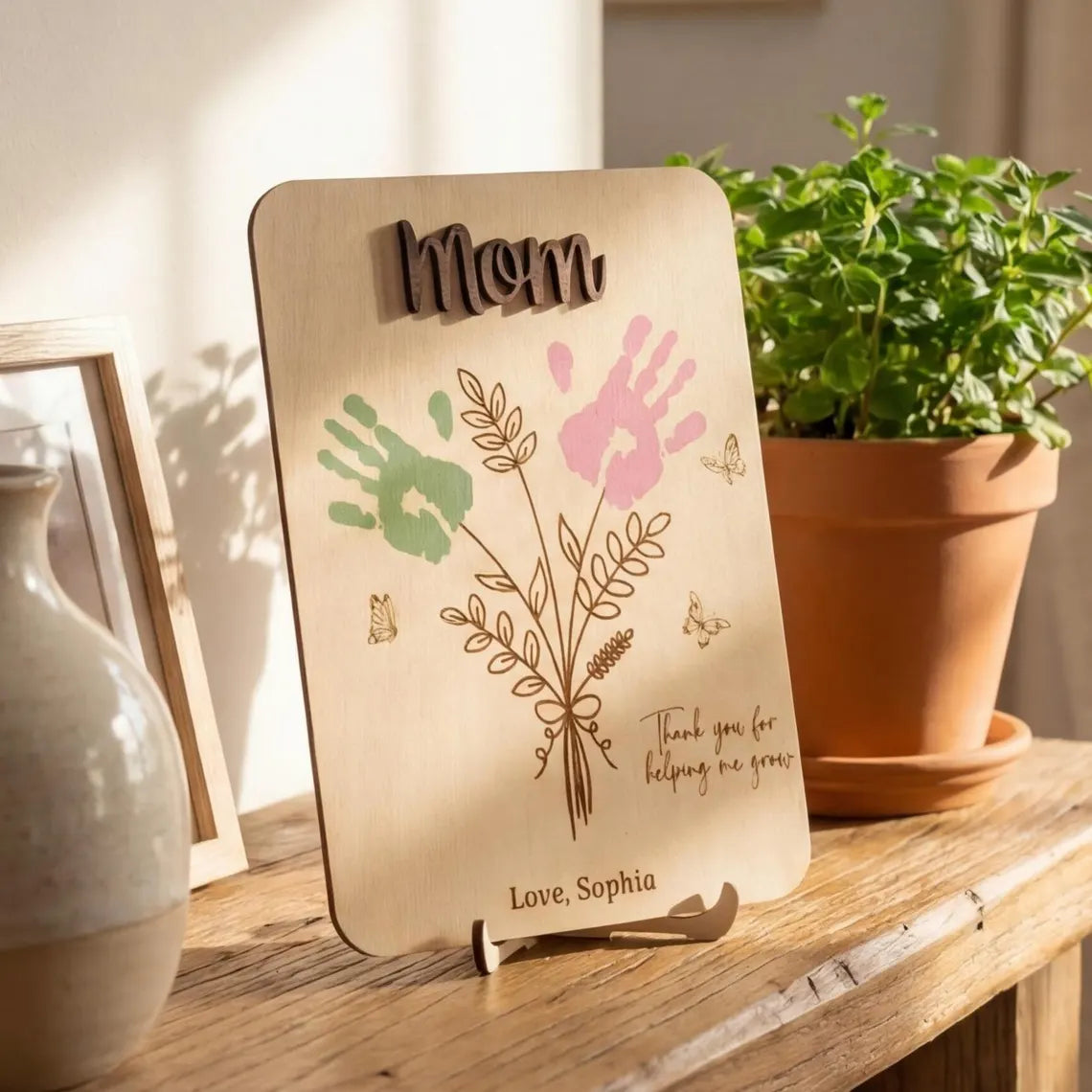 Personalized Mom Handprint Flower Wooden Sign Gift