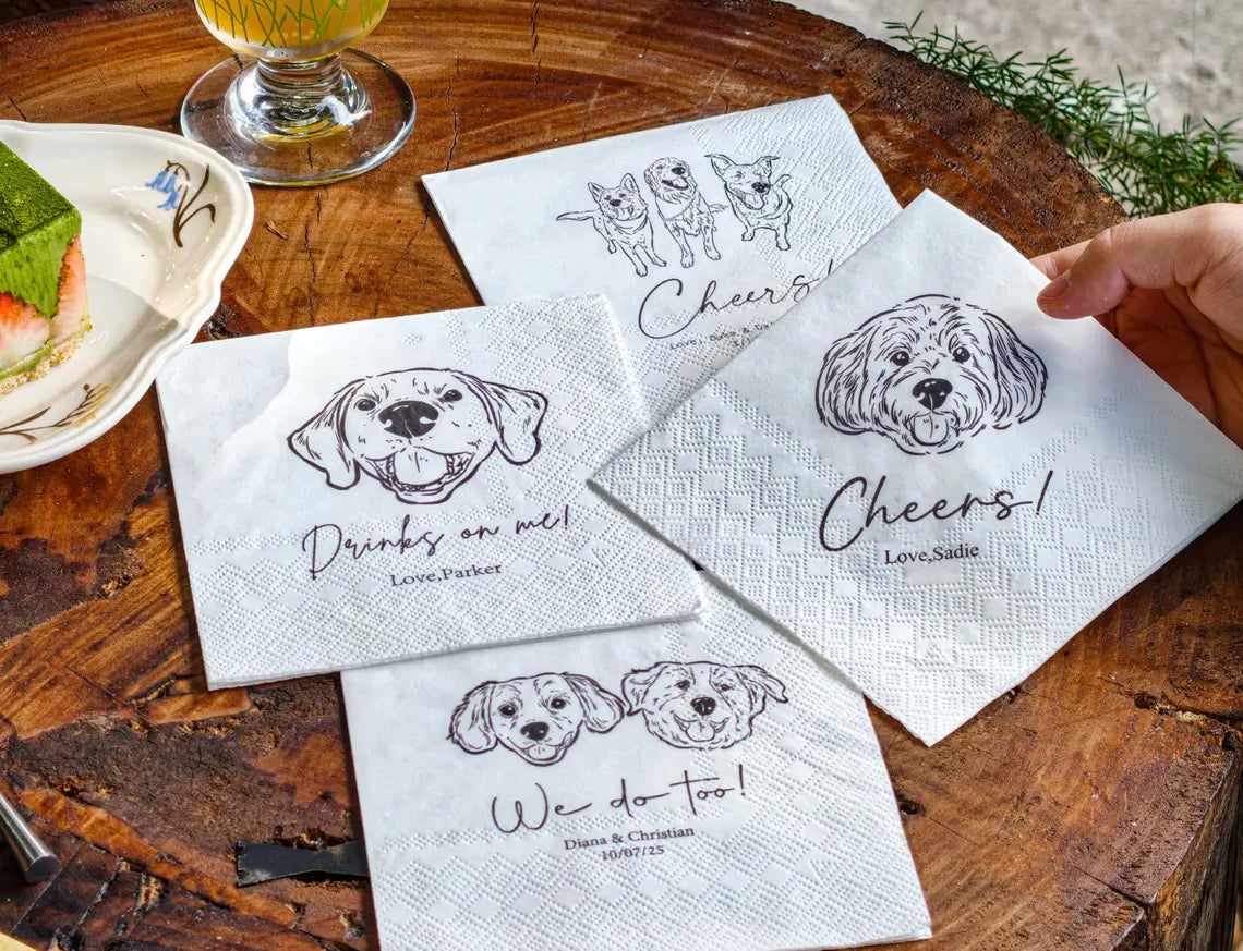 Custom Pet Wedding Cocktail Napkins with Dog & Cat Portraits