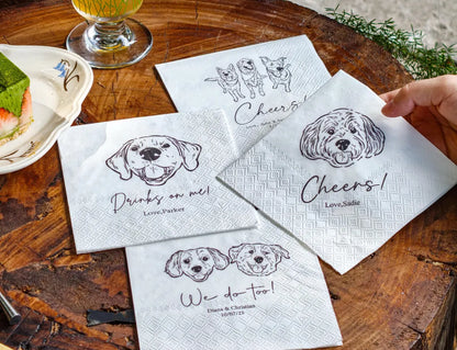 Custom Pet Wedding Cocktail Napkins with Dog & Cat Portraits