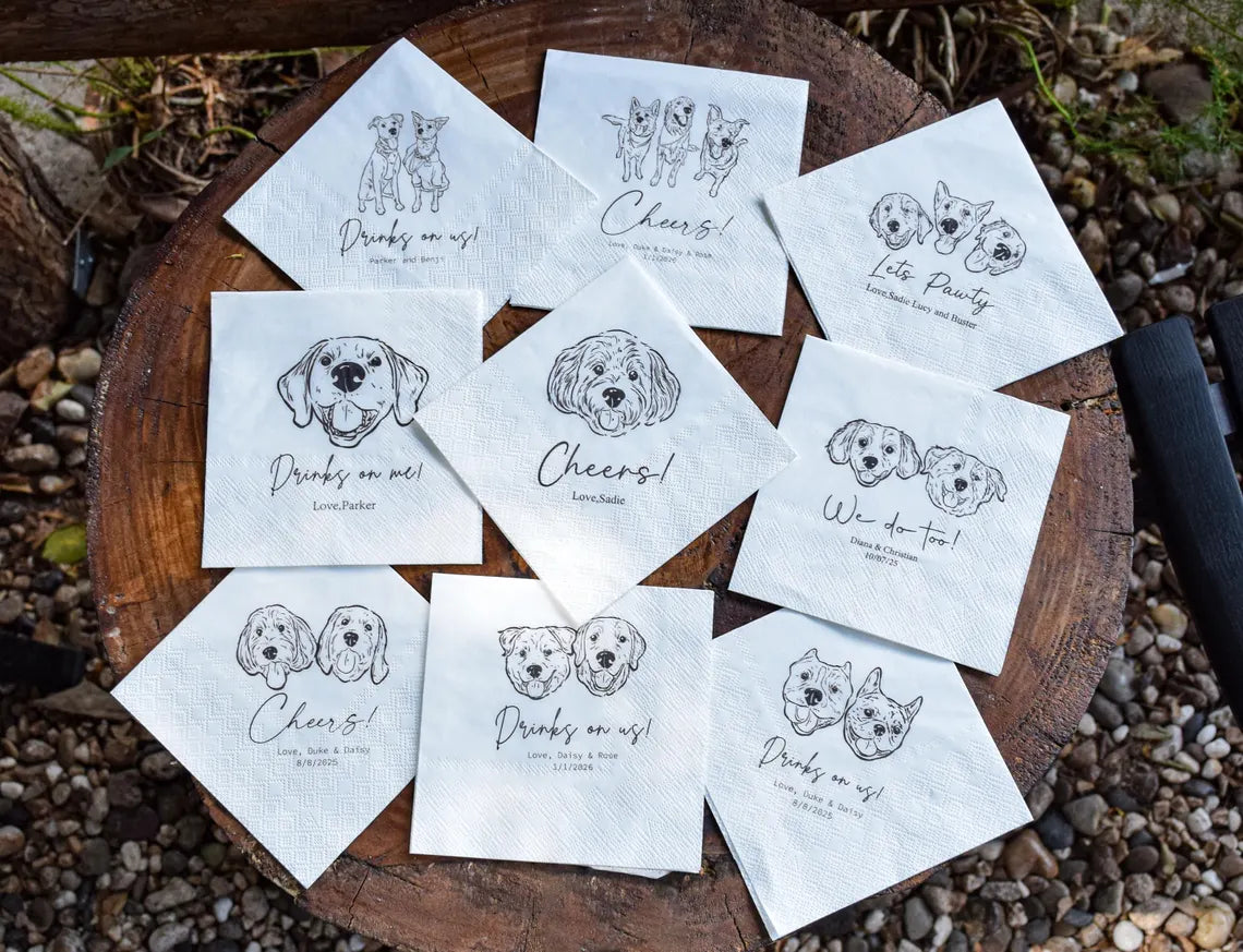 Custom Pet Wedding Cocktail Napkins with Dog & Cat Portraits
