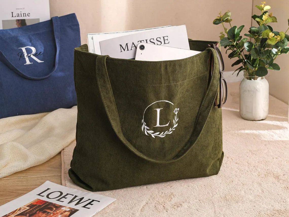Custom Embroidered Corduroy Tote Bag – Name, Bridesmaid & Gift Bag