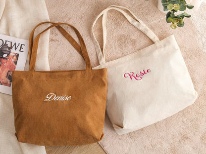 Custom Embroidered Corduroy Tote Bag – Name, Bridesmaid & Gift Bag