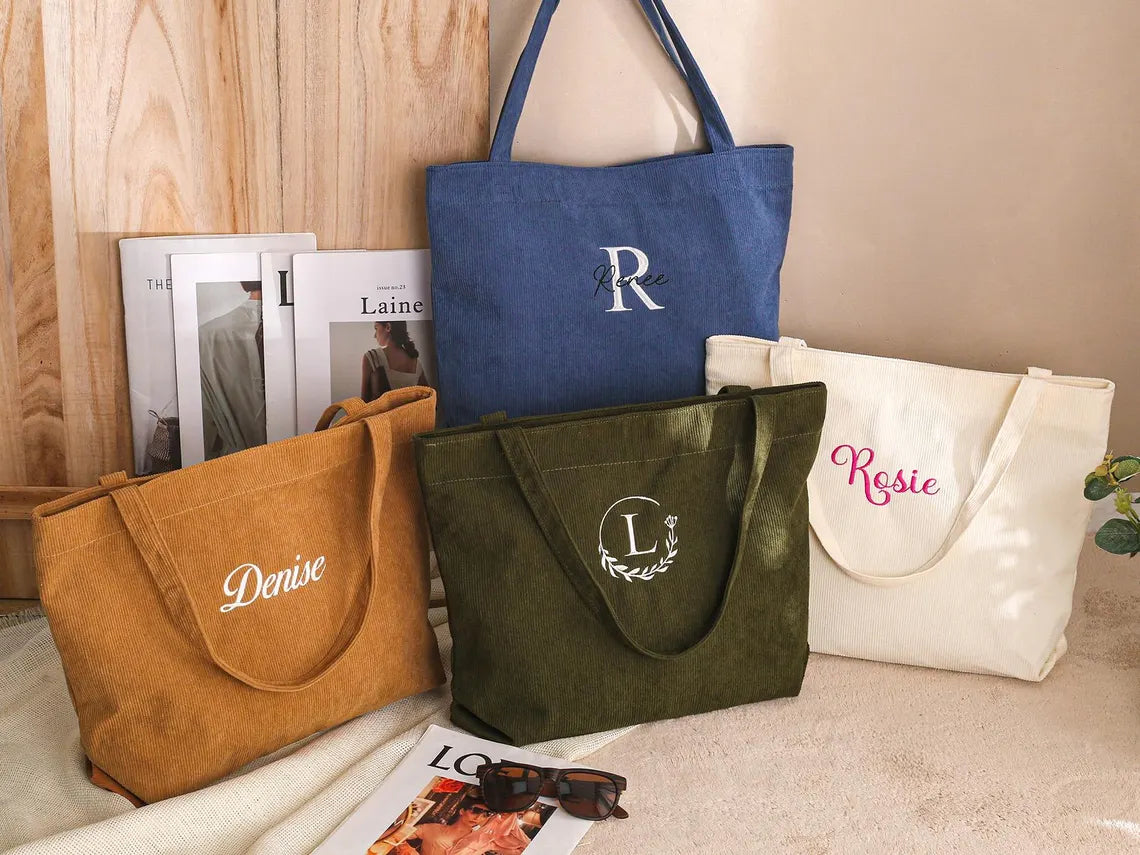 Custom Embroidered Corduroy Tote Bag – Name, Bridesmaid & Gift Bag