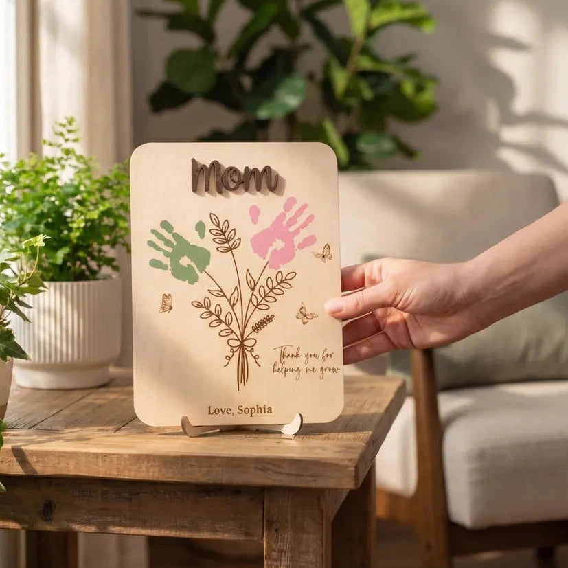 Personalized Mom Handprint Flower Wooden Sign Gift