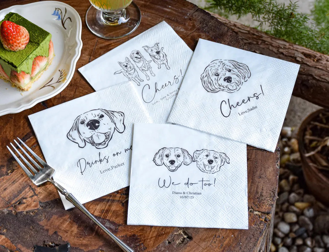 Custom Pet Wedding Cocktail Napkins with Dog & Cat Portraits