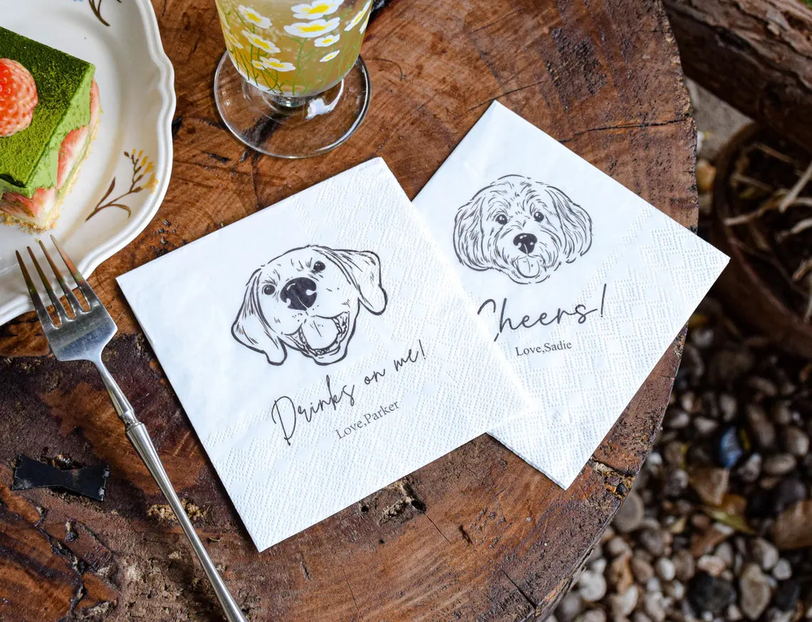 Custom Pet Wedding Cocktail Napkins with Dog & Cat Portraits