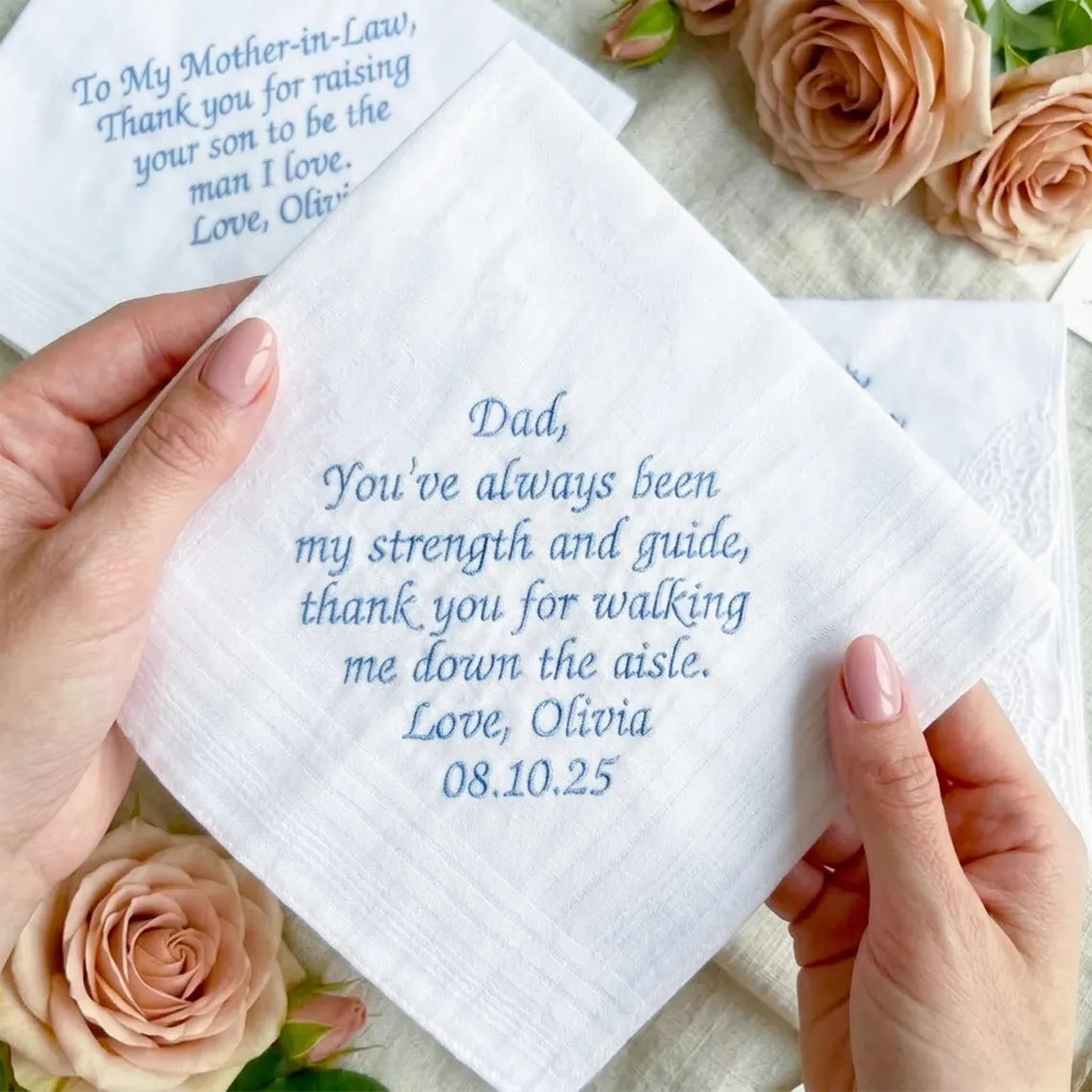 Personalized Wedding Handkerchief Gift for Mom, Dad & Bride