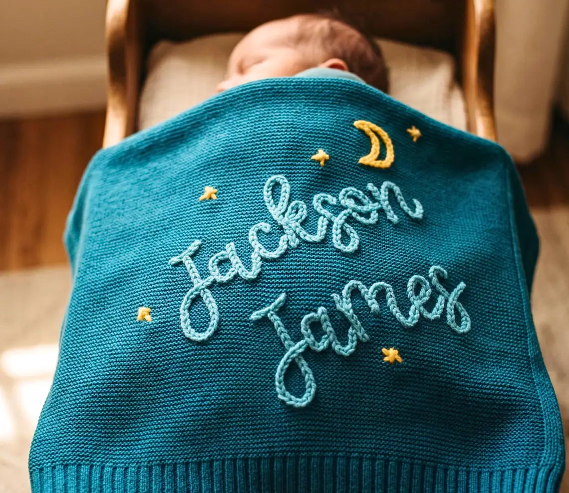 Personalized Baby Moon & Star Knit Blanket | Custom Embroidered Gift