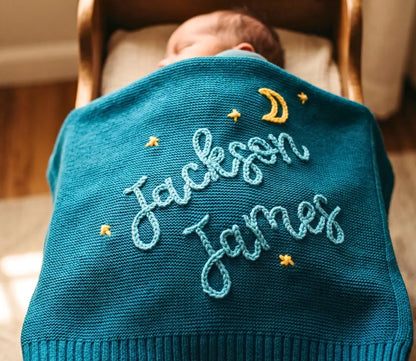 Personalized Baby Moon & Star Knit Blanket | Custom Embroidered Gift