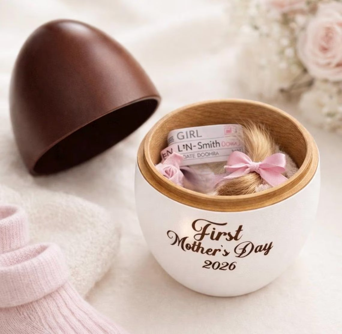 First Mother’s Day Keepsake Box – Personalized Wooden Egg Keepsake Box