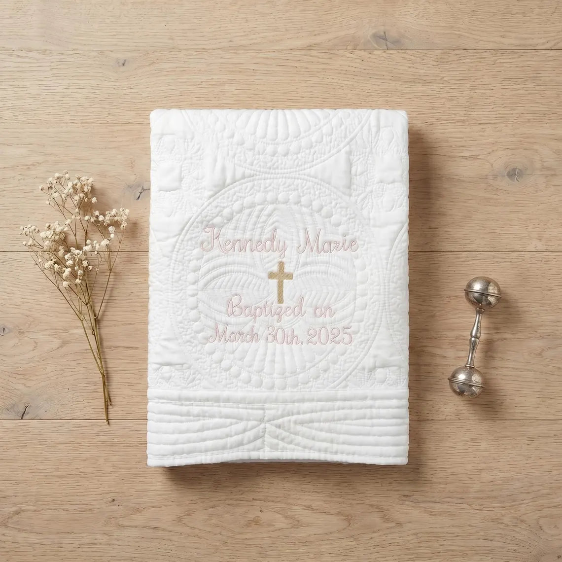 Personalized Baptism Blanket | Custom Embroidered Heirloom Baby Quilt