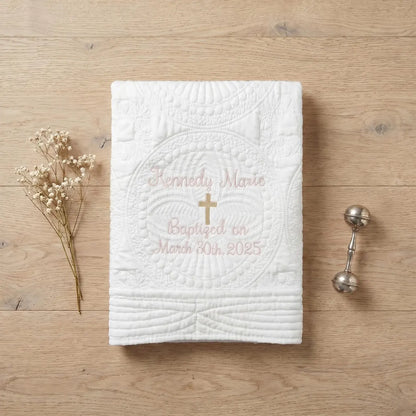 Personalized Baptism Blanket | Custom Embroidered Heirloom Baby Quilt