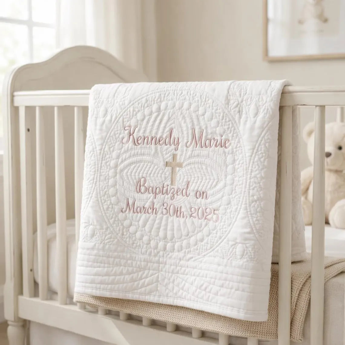 Personalized Baptism Blanket | Custom Embroidered Heirloom Baby Quilt