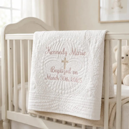Personalized Baptism Blanket | Custom Embroidered Heirloom Baby Quilt