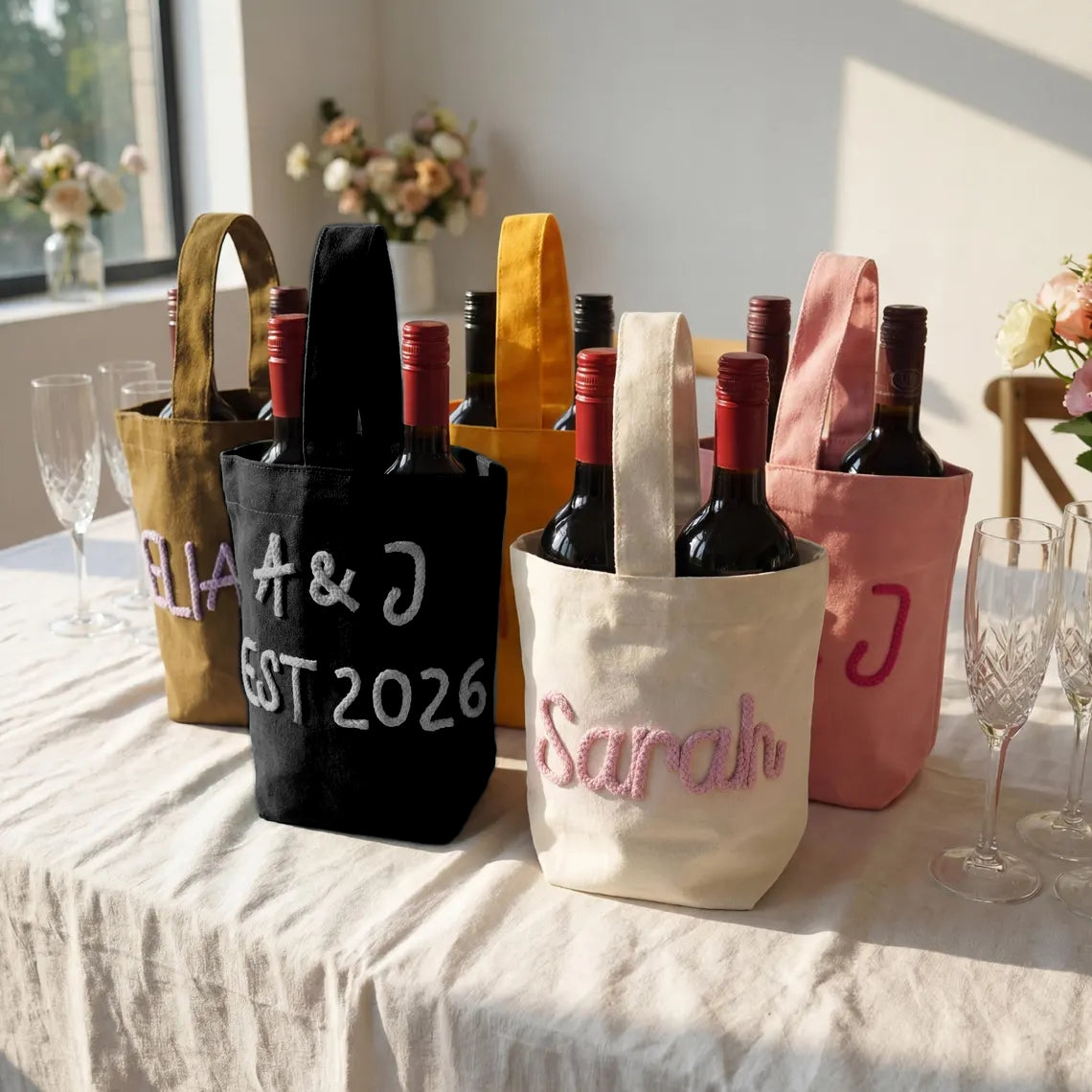 Personalized Wine Tote Bag | Custom Chenille Monogram Carrier