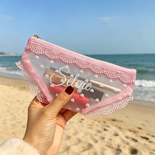 Personalized Lace Mesh Makeup Pouch – Cute Heart Design Cosmetic Bag