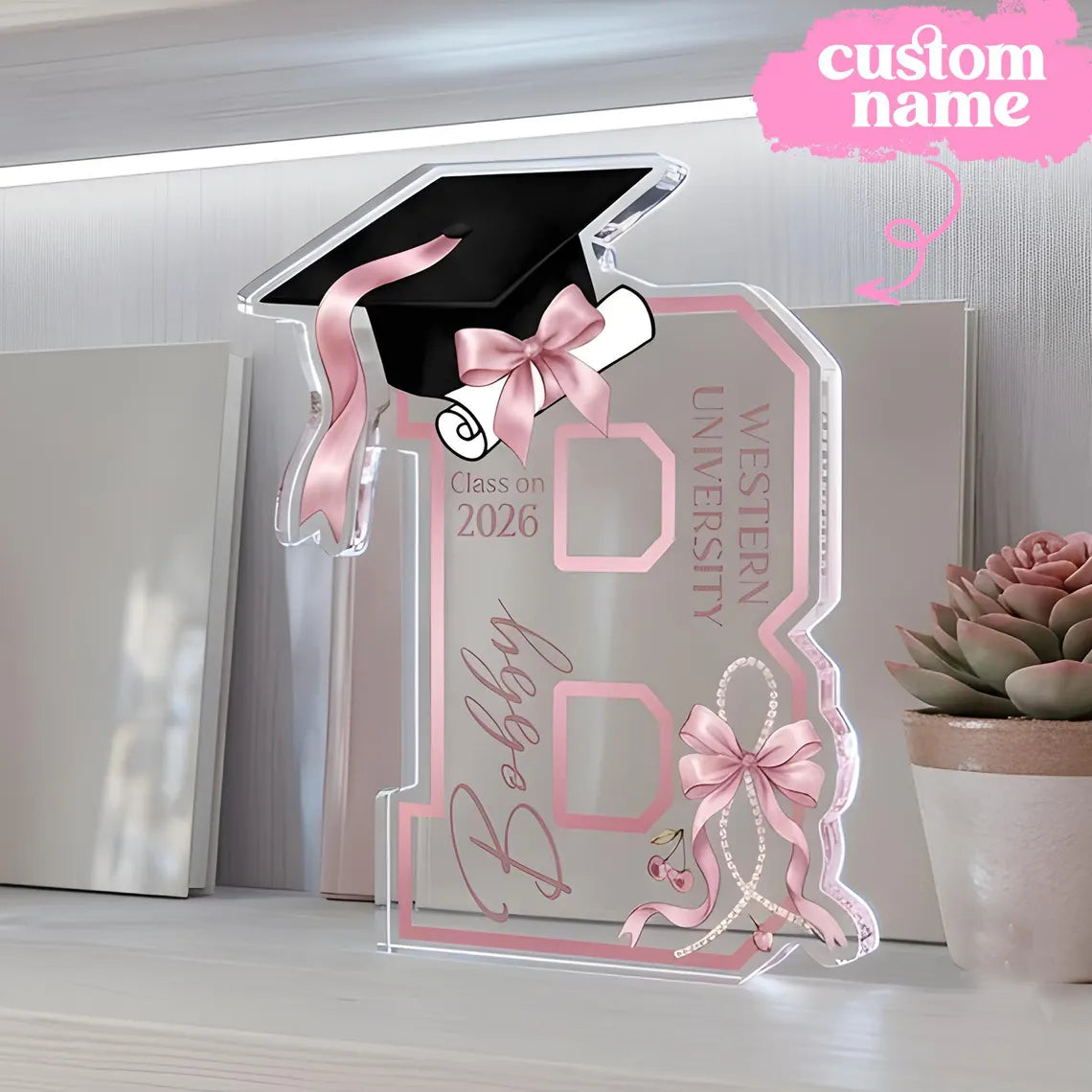 Pink Bow Graduation Acrylic Block | Personalized Class of 2026 Gift