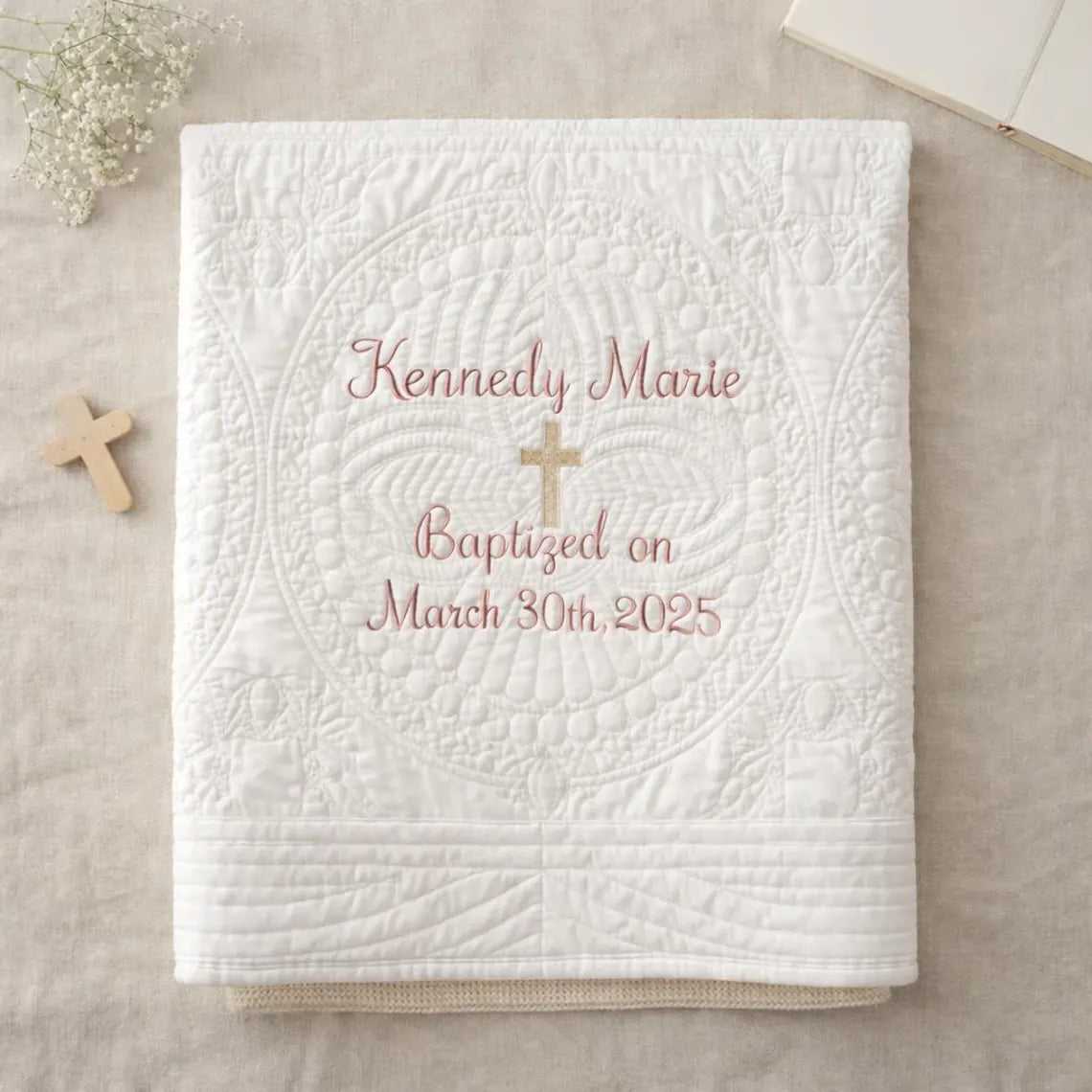 Personalized Baptism Blanket | Custom Embroidered Heirloom Baby Quilt