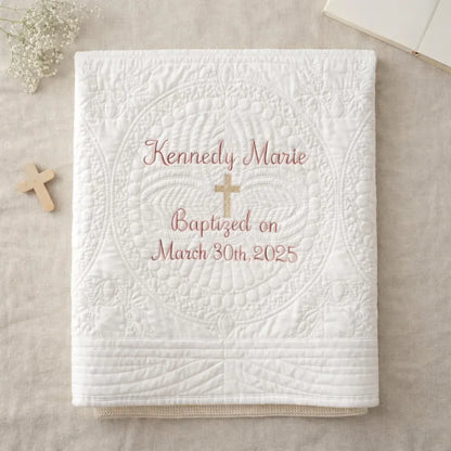 Personalized Baptism Blanket | Custom Embroidered Heirloom Baby Quilt