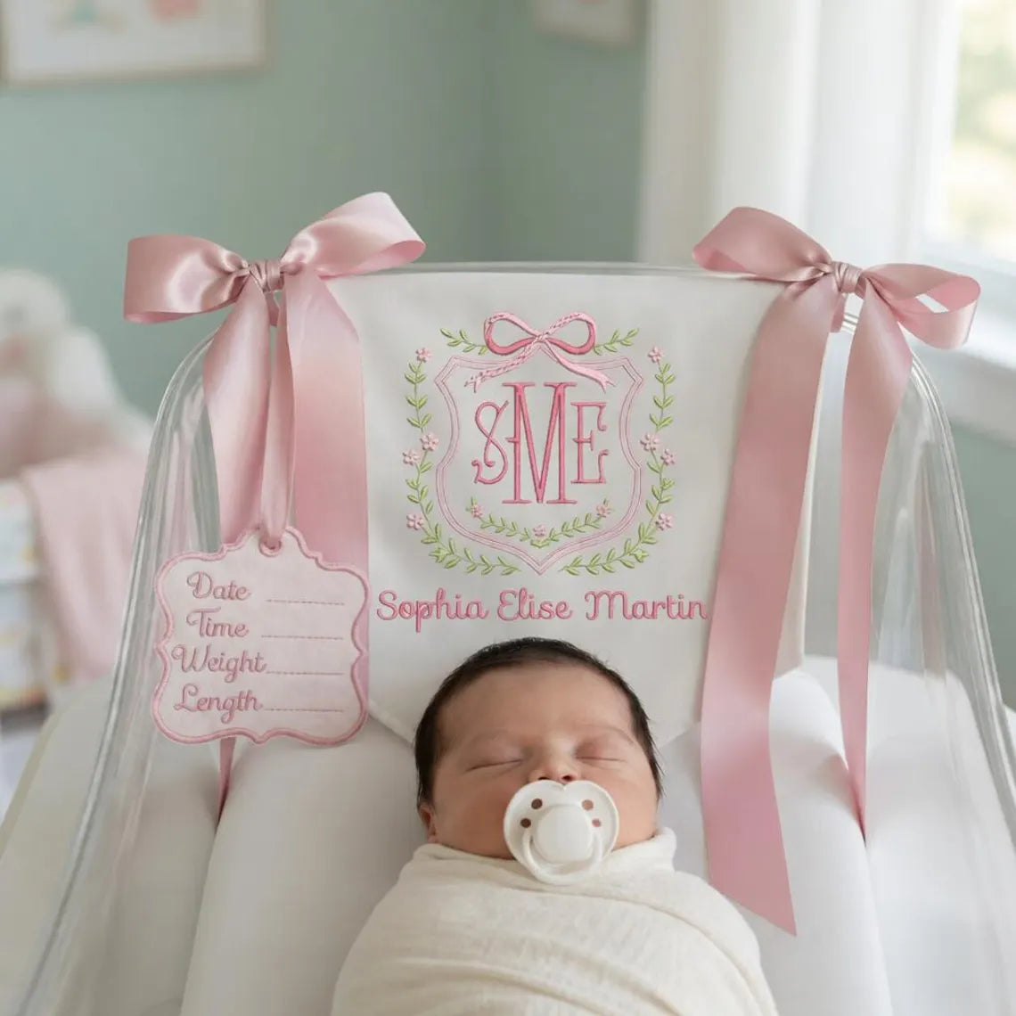 Personalized Baby Name Banner with Floral Crest & Satin Bows