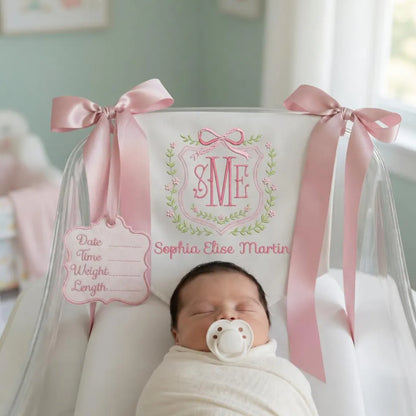 Personalized Baby Name Banner with Floral Crest & Satin Bows