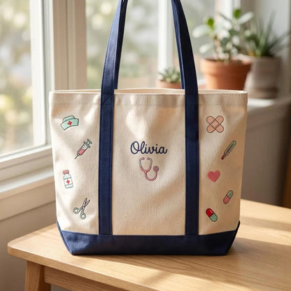 Personalized Nurse Tote Bag – Custom Name Embroidered Canvas Gift