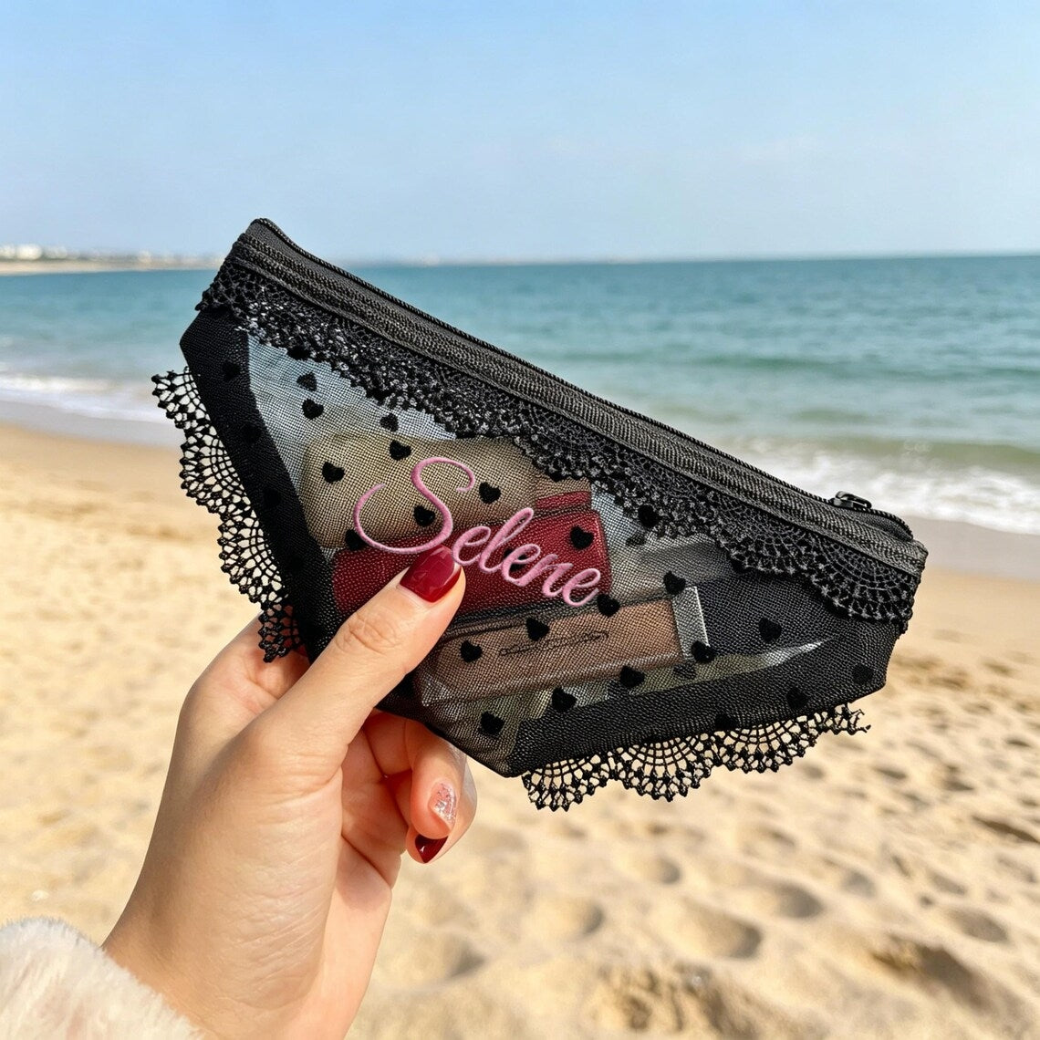 Personalized Lace Mesh Makeup Pouch – Cute Heart Design Cosmetic Bag