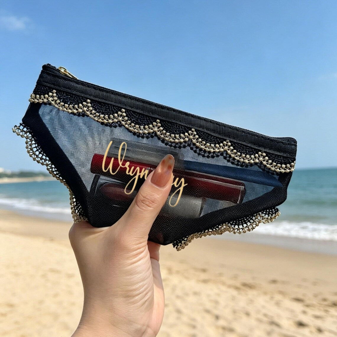 Personalized Lace Mesh Makeup Pouch – Cute Heart Design Cosmetic Bag