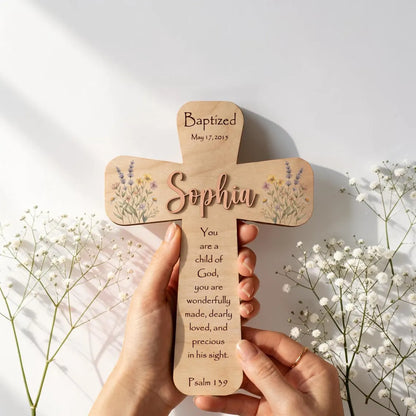 Floral Personalized Baptism Cross – Custom Name Baby Girl Gift