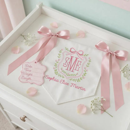 Personalized Baby Name Banner with Floral Crest & Satin Bows
