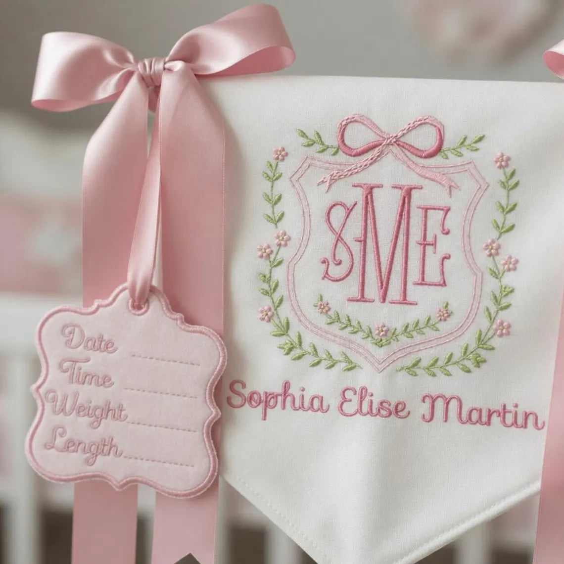 Personalized Baby Name Banner with Floral Crest & Satin Bows